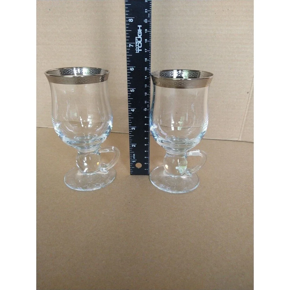 Set of 2 Clear Irish Coffee Glasses with Silver Rim and Footed Handle